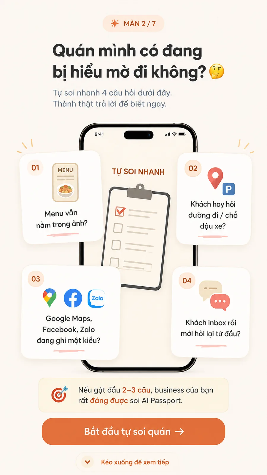 Màn 2: tự soi nhanh 4 câu hỏi cho chủ quán