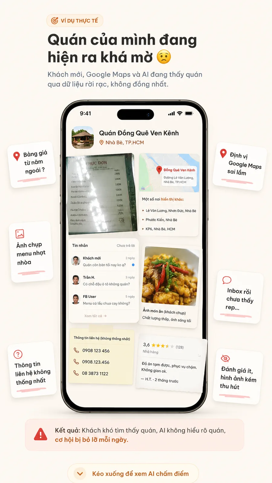 Màn 3.1: mockup hiện trạng poor visibility của quán Đồng Quê Ven Kênh