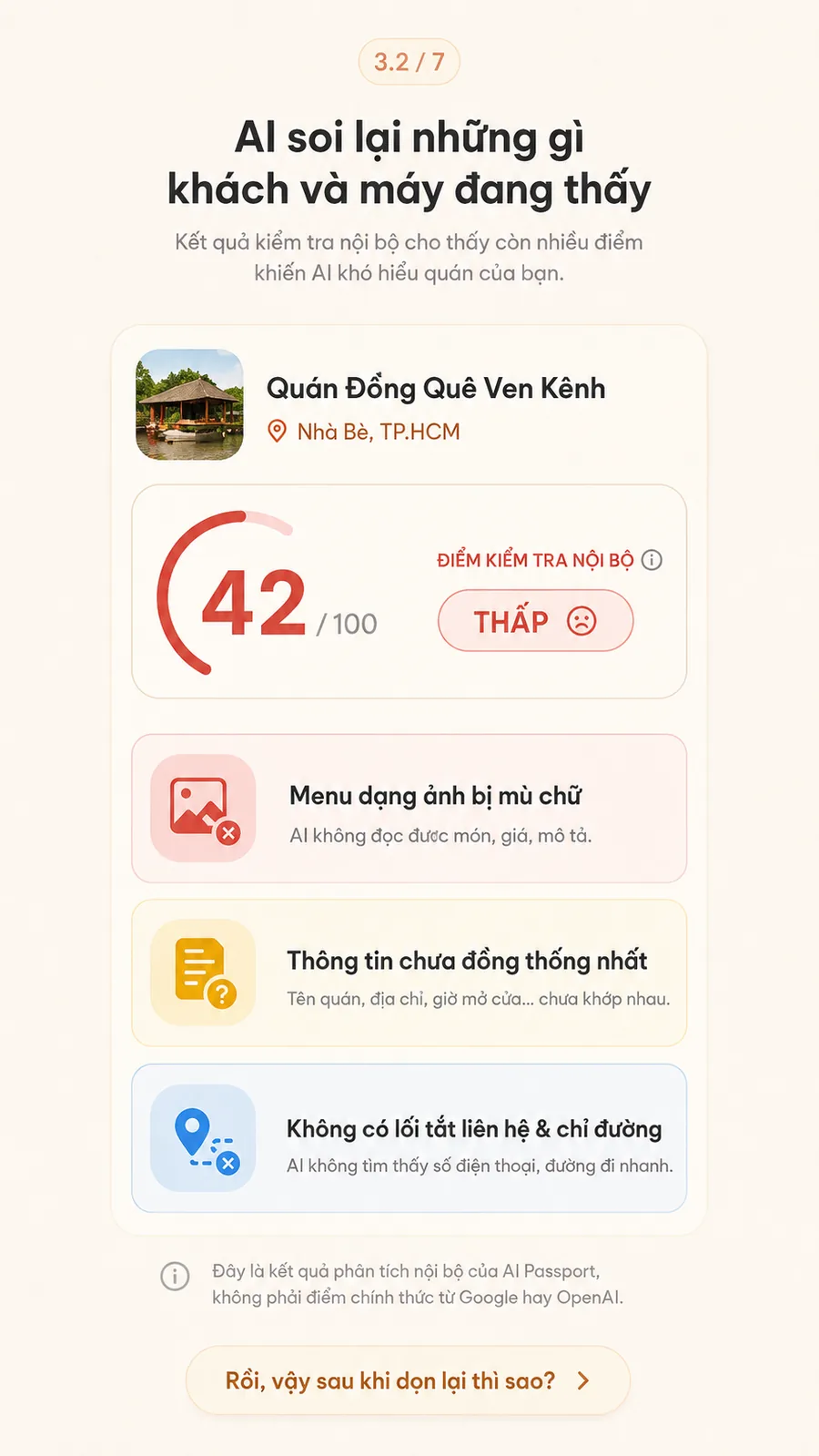 Màn 3.2: AI chấm điểm thấp vì menu mờ, thông tin không thống nhất, CTA yếu